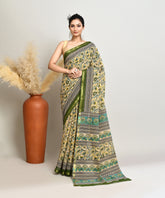 Cream-Green Pure Bagru Kalamkari Printed  Sico Chanderi Saree